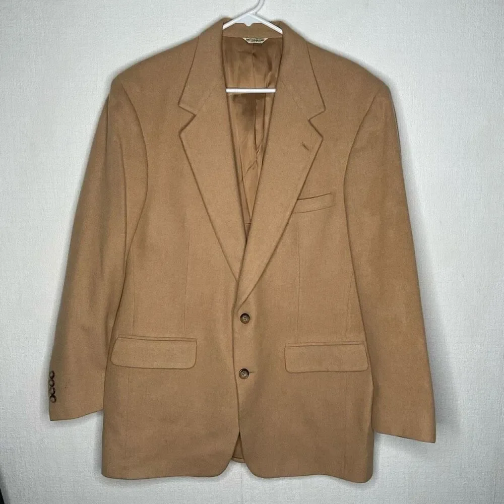 Bill Blass Men’s 42L Camel Hair‎ Blazer Tan Beige Sport Coat Jacket Two 2 Button